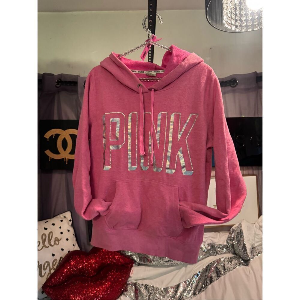 VS pink pullover hooded sweatshirt- hoodie holographic silver bling medium